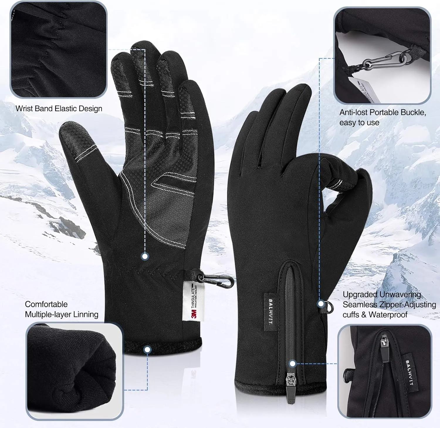 -10 Waterproof Winter Gloves for Men & Women, 5-Layer Touch Screen Breathable Cold Weather Gloves