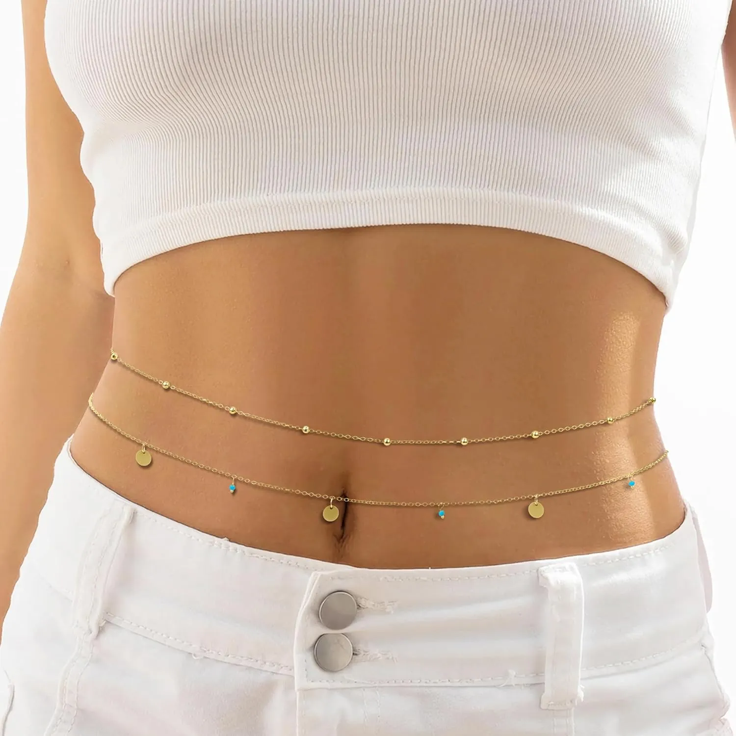 14K Gold Waist Chain for Women, 2Pcs Adjustable Pearl Beads Body Chain, Sexy Layered Summer Beach Bikini Belly Jewelry Accessories