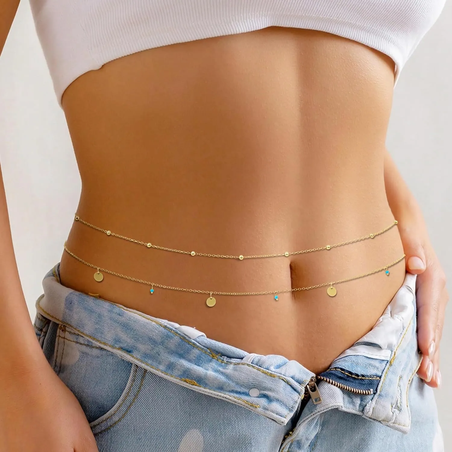 14K Gold Waist Chain for Women, 2Pcs Adjustable Pearl Beads Body Chain, Sexy Layered Summer Beach Bikini Belly Jewelry Accessories