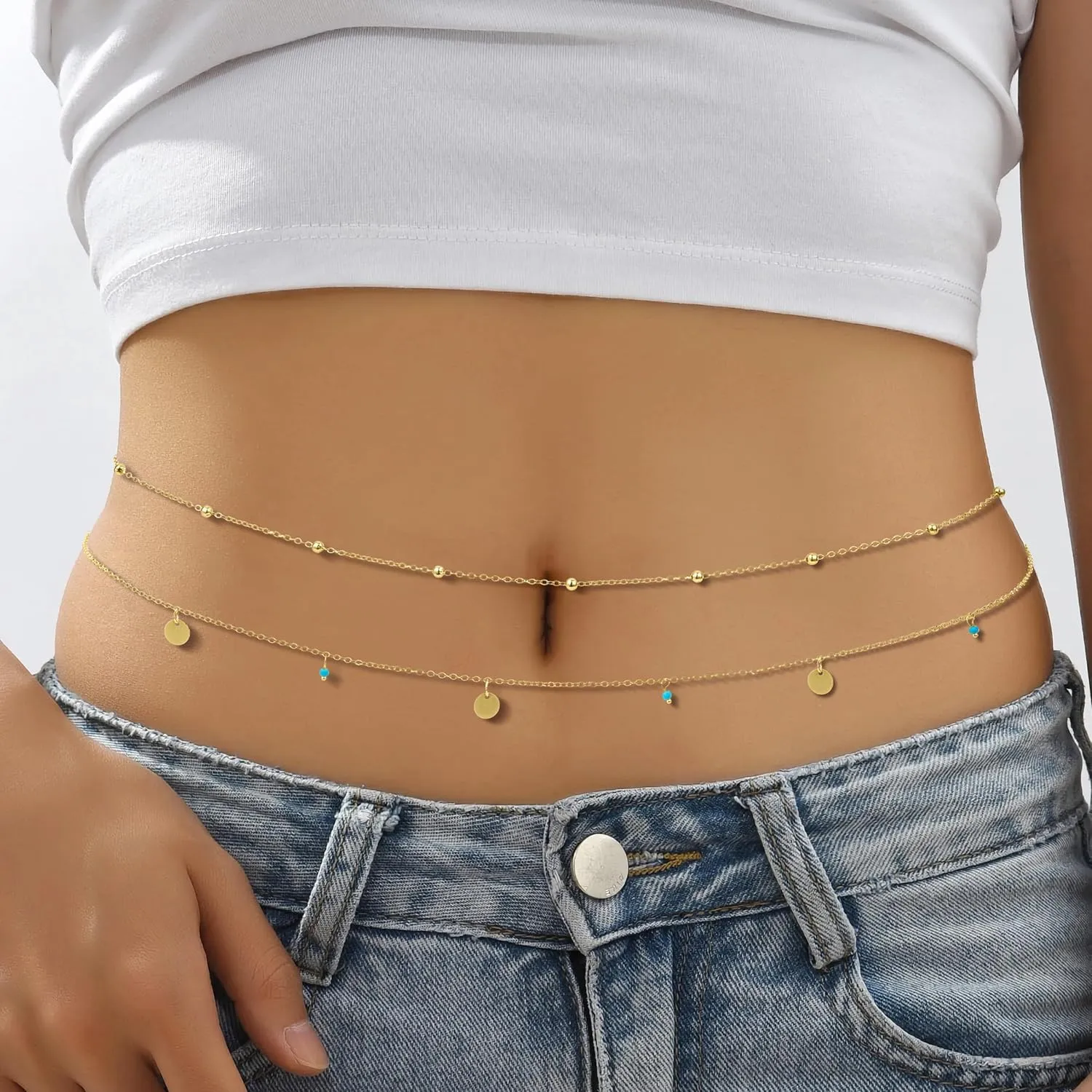 14K Gold Waist Chain for Women, 2Pcs Adjustable Pearl Beads Body Chain, Sexy Layered Summer Beach Bikini Belly Jewelry Accessories