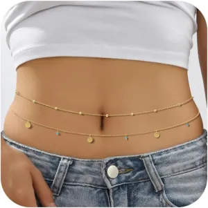 14K Gold Waist Chain for Women, 2Pcs Adjustable Pearl Beads Body Chain, Sexy Layered Summer Beach Bikini Belly Jewelry Accessories