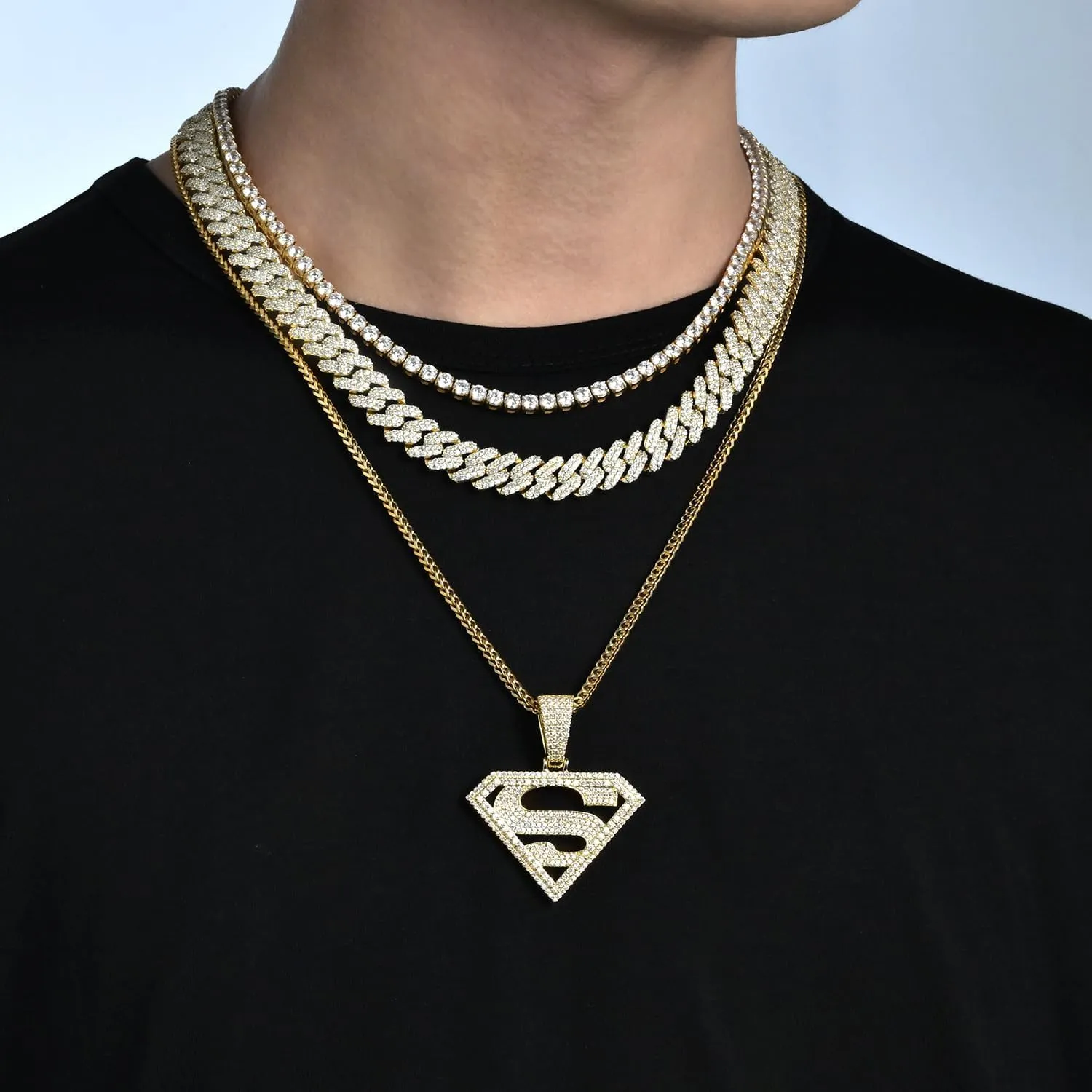 14K/White Gold Plated Diamond Shape Cubic Zirconia Superhero Pendant Necklace Hip Hop Full Iced CZ Out Pendant With 24'' Stainless Steel Franco Chain For Men Women