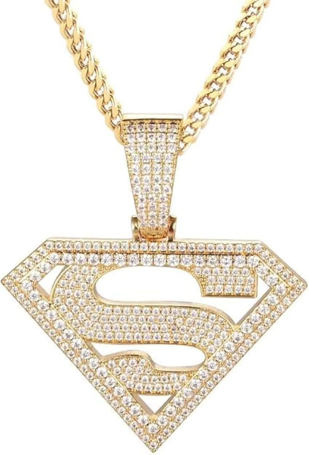 14K/White Gold Plated Diamond Shape Cubic Zirconia Superhero Pendant Necklace Hip Hop Full Iced CZ Out Pendant With 24'' Stainless Steel Franco Chain For Men Women