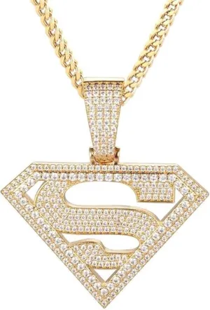 14K/White Gold Plated Diamond Shape Cubic Zirconia Superhero Pendant Necklace Hip Hop Full Iced CZ Out Pendant With 24'' Stainless Steel Franco Chain For Men Women