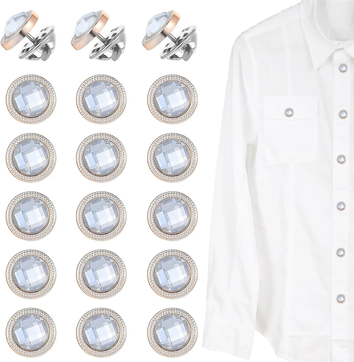 18 Pcs 10mm Mini No Sew Crystal Buttons Pins, Silver Anti Exposure Fixed Brooches Detachable Multi-Purpose Clothes Sewing Button for Women Clothes Jeans Shirt Waist Blouses Sweaters Hats