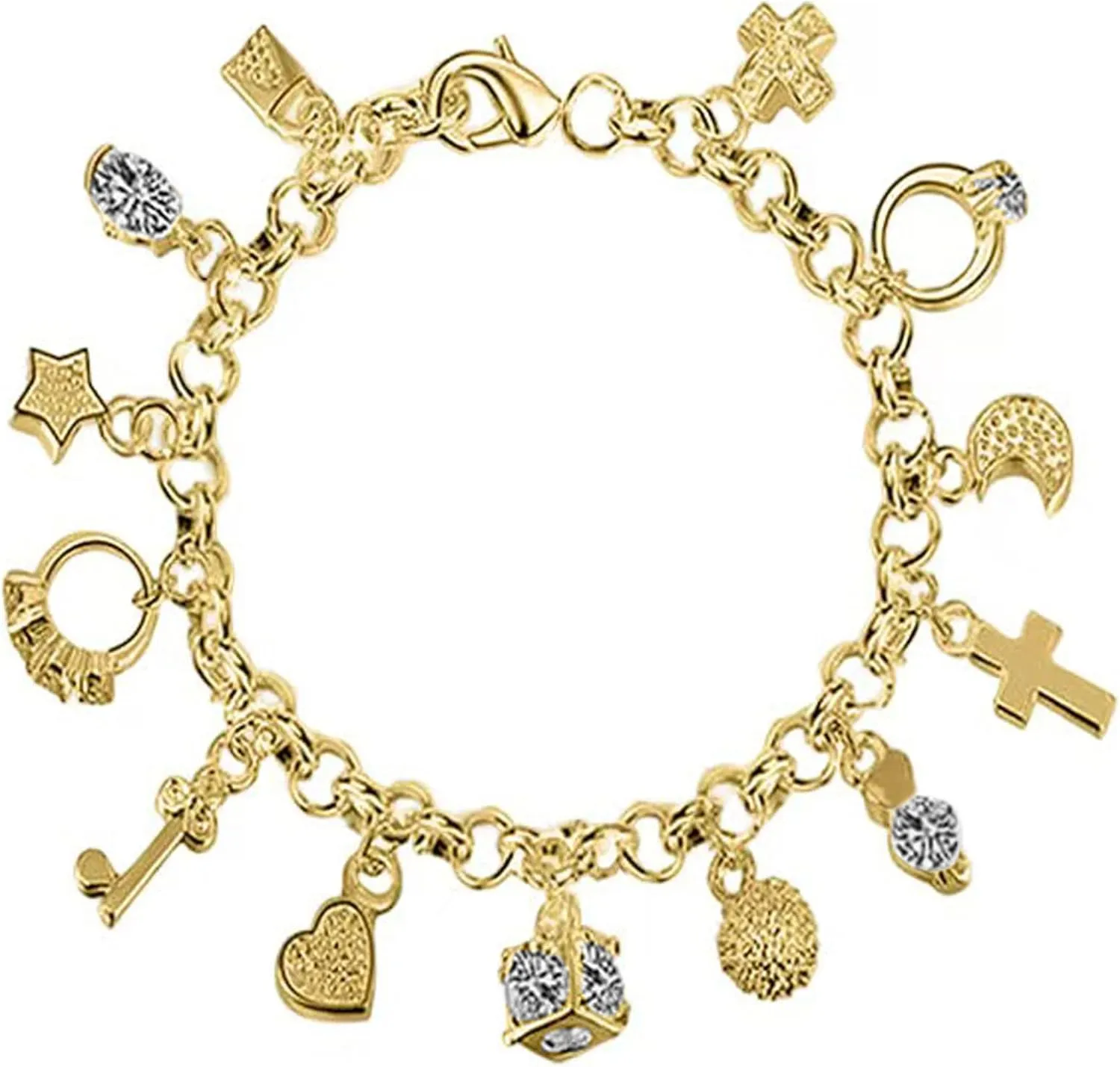 18K Gold Charm Bracelet. Thirteen Hanging Link Bracelet Fine Jewelry Chain Bracelet Gift for Women