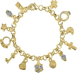 18K Gold Charm Bracelet. Thirteen Hanging Link Bracelet Fine Jewelry Chain Bracelet Gift for Women