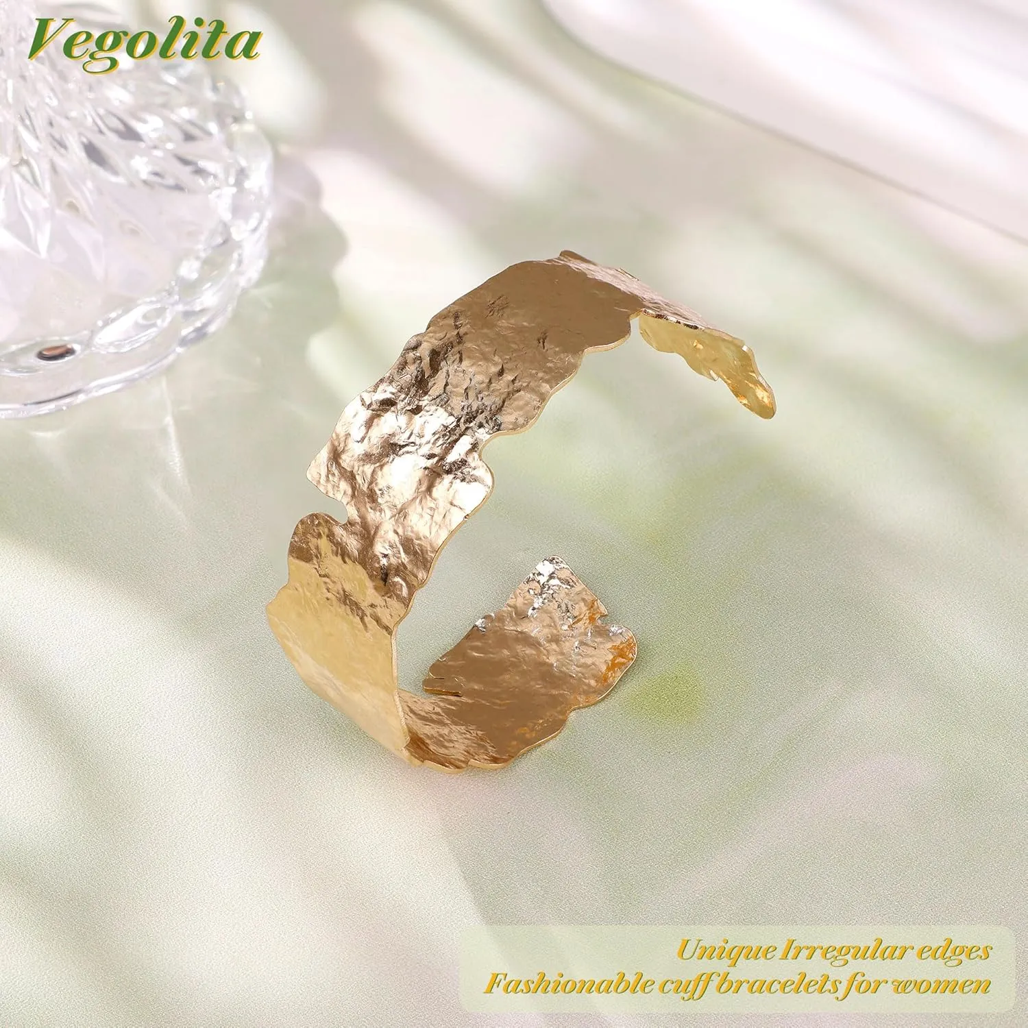 18K Gold Plated Hammered Cuff Bangle Bracelet for Women Irregular Chunky Cuff Bracelets Wide Open Cuff Wrap Bracelet Adjustable Statement Bracelet