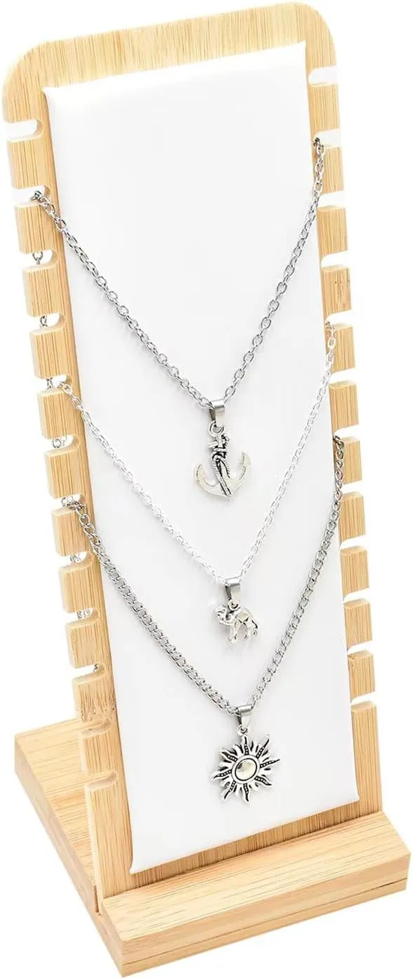 2 Pack Bamboo Panel Jewelry Necklace Tabletop Display Boards Stand (White)