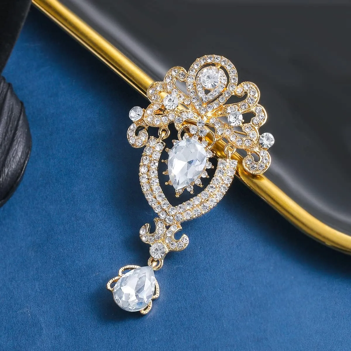 2 Pieces Crystal Rhinestone Marquise Pear-Shaped Teardrop Flower Brooch Pin Set for Women