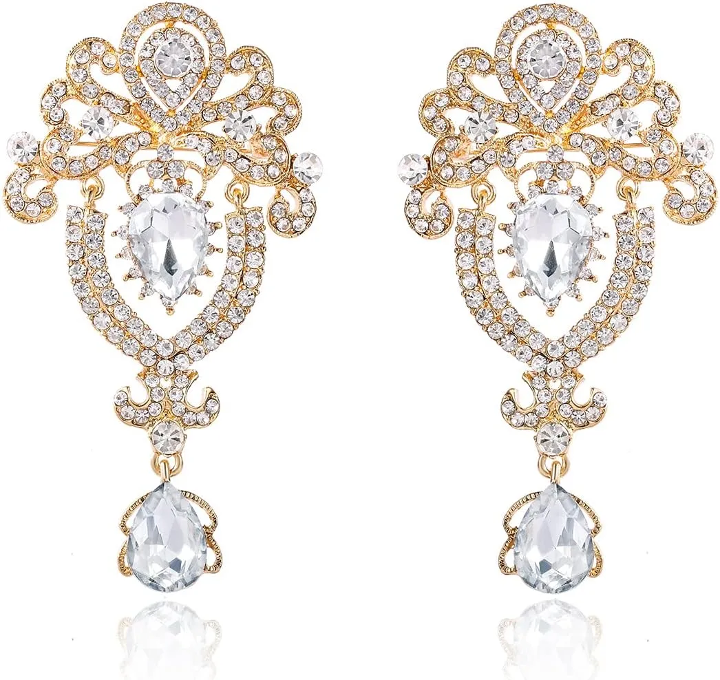 2 Pieces Crystal Rhinestone Marquise Pear-Shaped Teardrop Flower Brooch Pin Set for Women