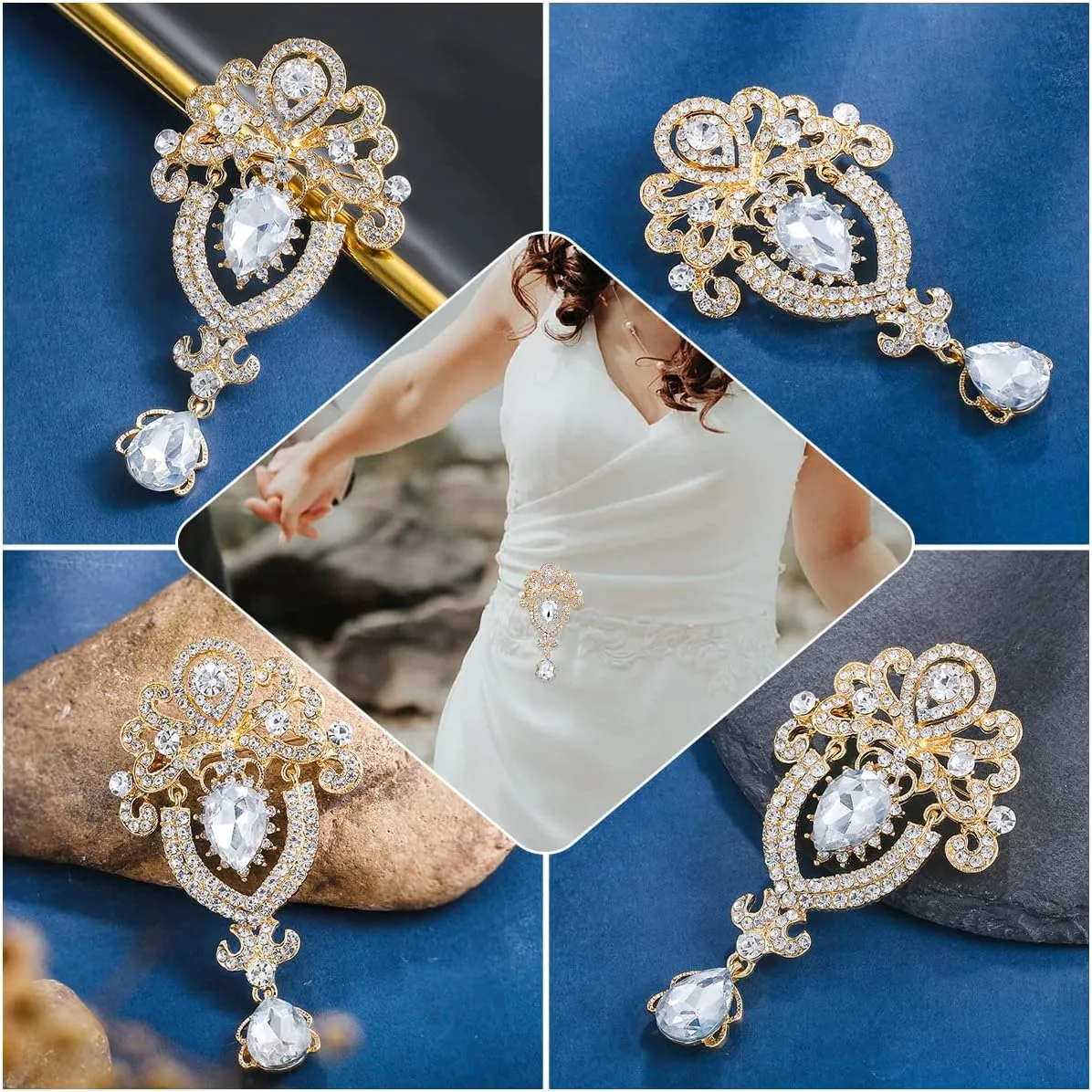 2 Pieces Crystal Rhinestone Marquise Pear-Shaped Teardrop Flower Brooch Pin Set for Women