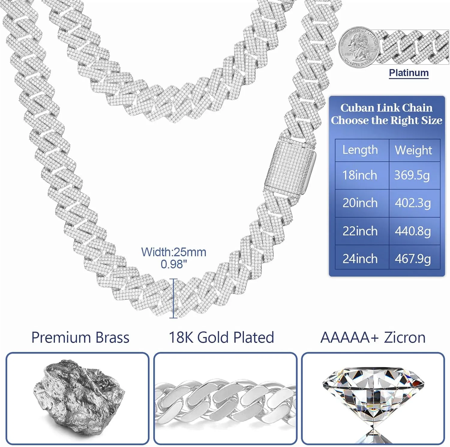 25MM Big Cuban Link Chain for Men Thick Iced Out Chain 18K Gold Plated 5A  Zicron Cuban Necklace Gold/Silver Iced Out Diamond Miami Cuban Necklace Bling Luxury Jewelry