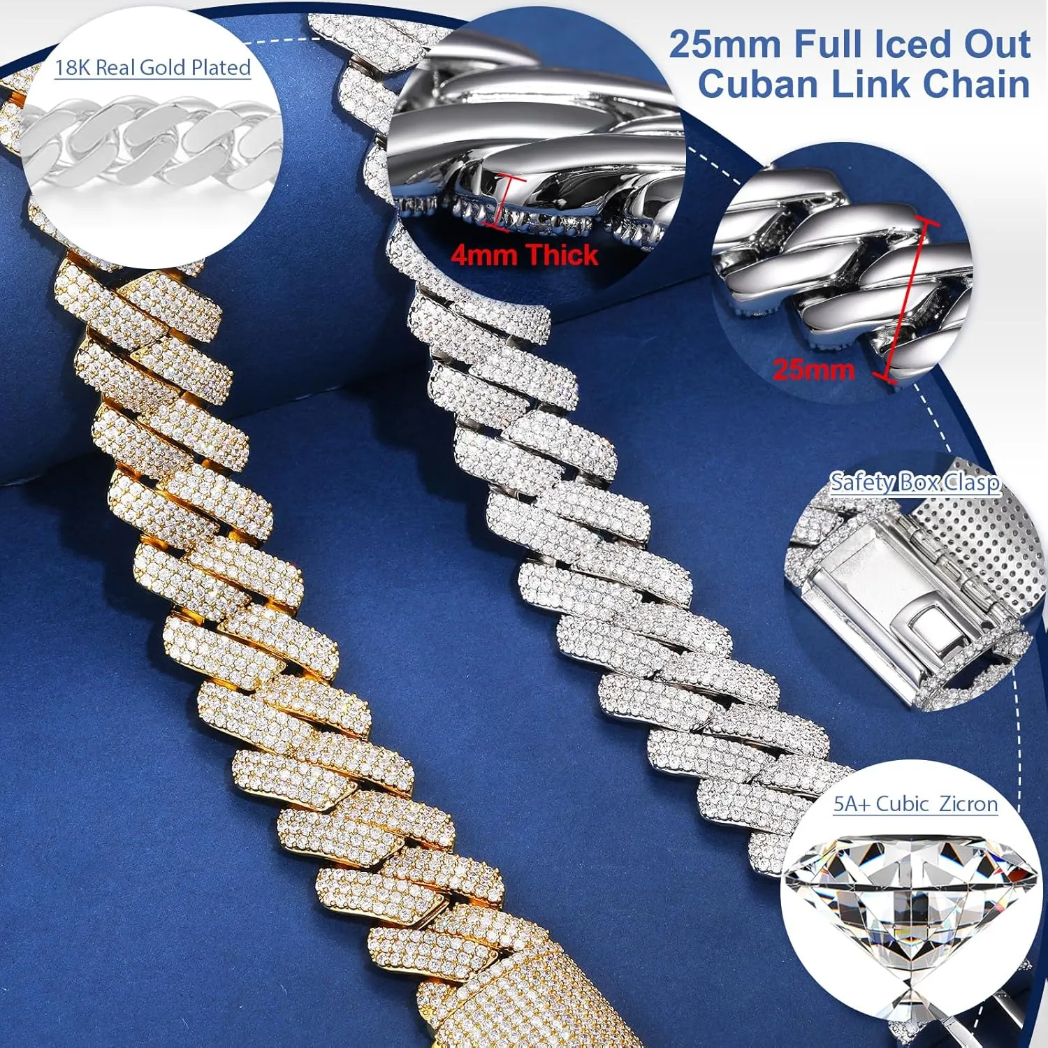 25MM Big Cuban Link Chain for Men Thick Iced Out Chain 18K Gold Plated 5A  Zicron Cuban Necklace Gold/Silver Iced Out Diamond Miami Cuban Necklace Bling Luxury Jewelry