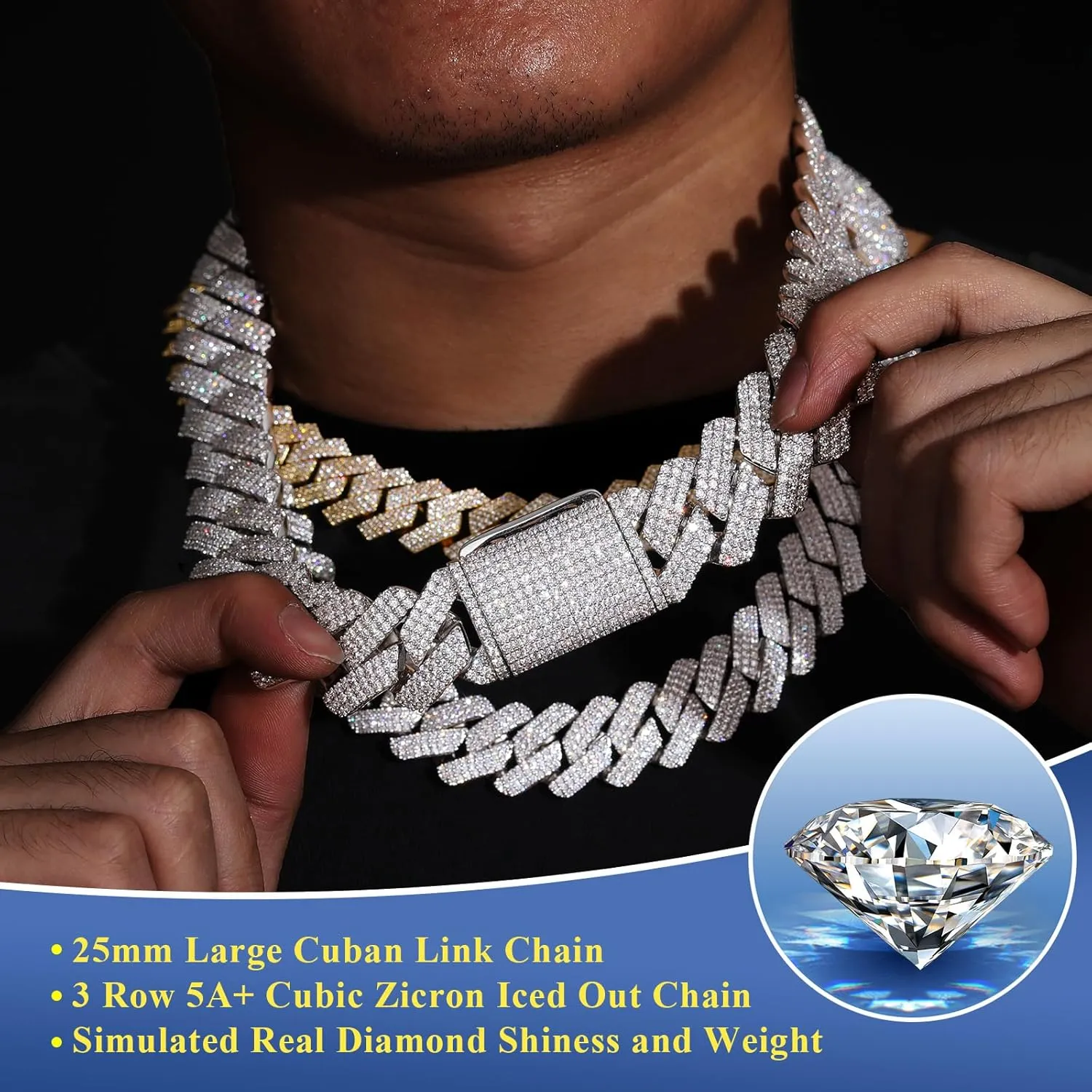 25MM Big Cuban Link Chain for Men Thick Iced Out Chain 18K Gold Plated 5A  Zicron Cuban Necklace Gold/Silver Iced Out Diamond Miami Cuban Necklace Bling Luxury Jewelry