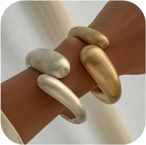 2PCS Chunky Gold Bangle Bracelets for Women Trendy Silver Plated Irregular Cuff Bracelets Stack Set Minimalist Arm Cuff Bracelet Statement Bracelets Fashion Cute Silver Jewelry