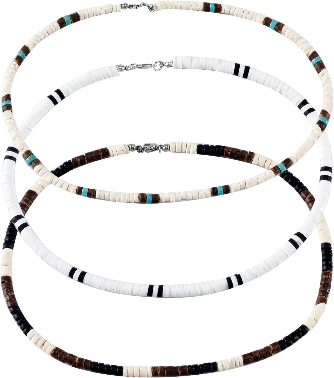 3 Pcs Puka Shell Necklace for Men, Men's Surfer Necklace, Brown Coconut Shell Beaded Necklace for Men, Beach Necklace for Women and Men, Hawaiian Necklace for Men Women, Mens Choker Necklace