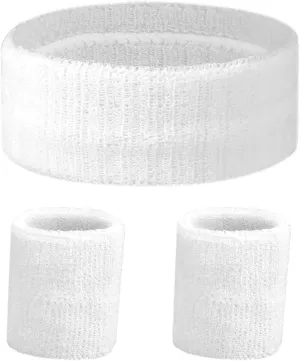 3 Pcs Sports Sweatbands Set Sports Headband and Wristbands Sports Competitions Sweatband 1 Headband and 2 Wristband Breathable Terry Cloth Athletic Bands White Sweatbands for Athletic Men and Women