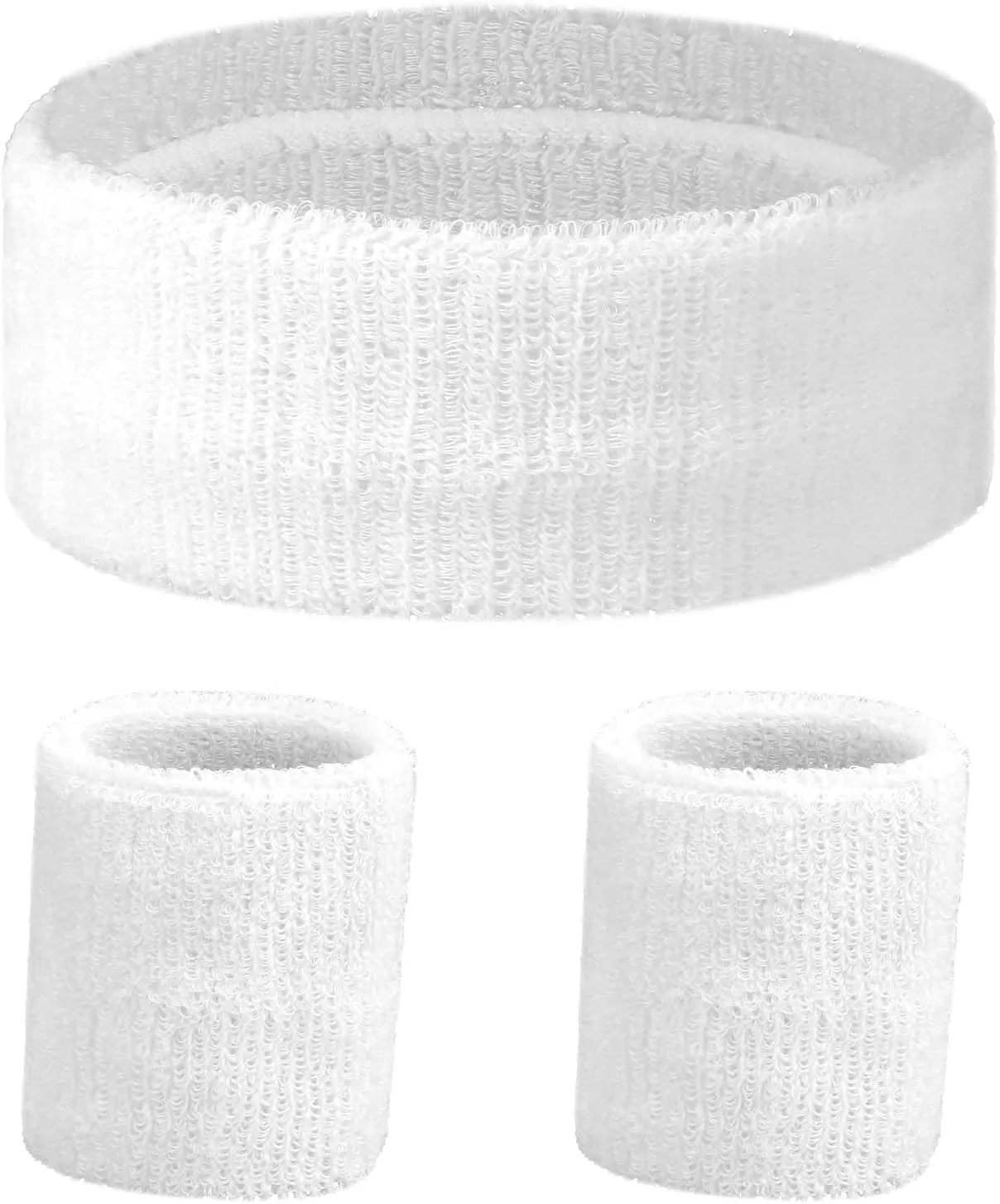 3 Pcs Sports Sweatbands Set Sports Headband and Wristbands Sports Competitions Sweatband 1 Headband and 2 Wristband Breathable Terry Cloth Athletic Bands White Sweatbands for Athletic Men and Women