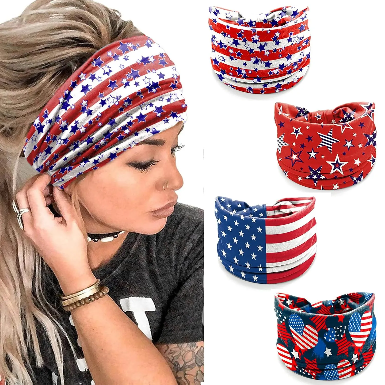 4 Pack July 4th Patriotic Headbands for Women - American Flag Heart Star Print Wide Bandana, Breathable Stretchy Non-Slip Hair Accessories for Yoga, Running, Party Celebrations