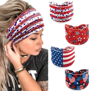 4 Pack July 4th Patriotic Headbands for Women - American Flag Heart Star Print Wide Bandana, Breathable Stretchy Non-Slip Hair Accessories for Yoga, Running, Party Celebrations