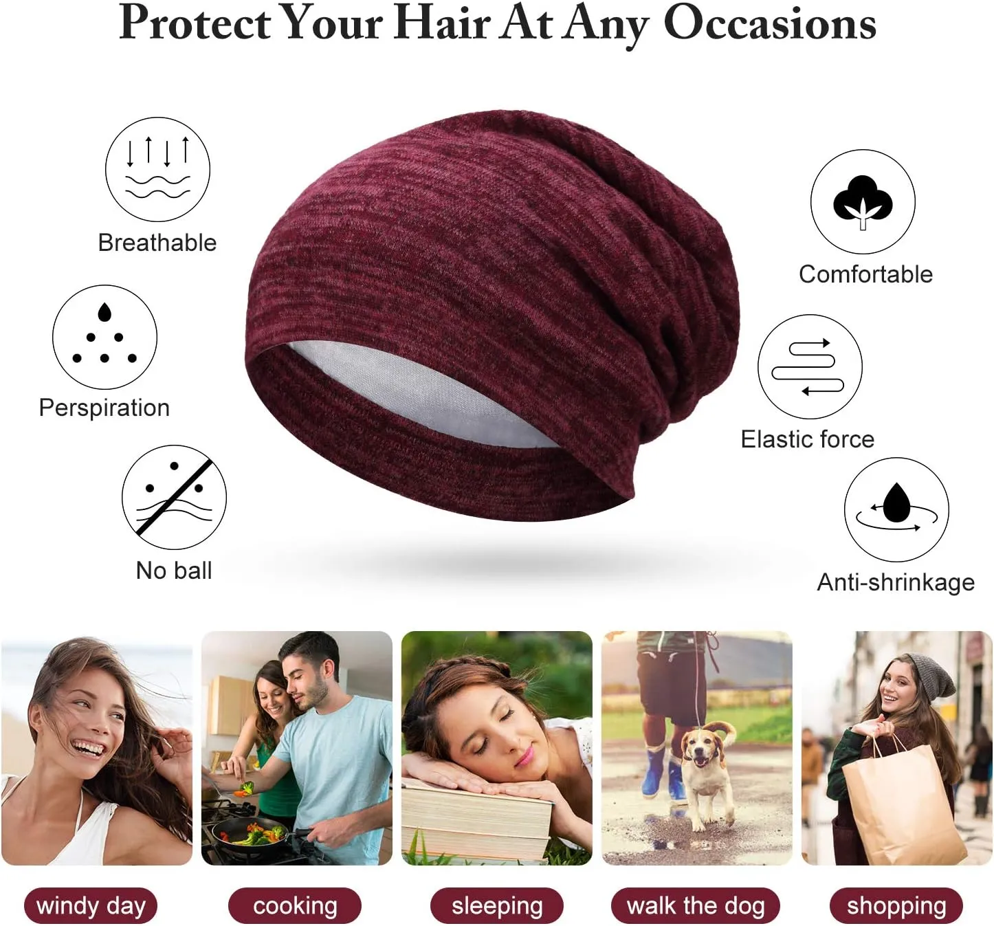 4 Pieces Satin Lined Sleep Cap Slouchy Beanie Hat Night Hair Cap for Women