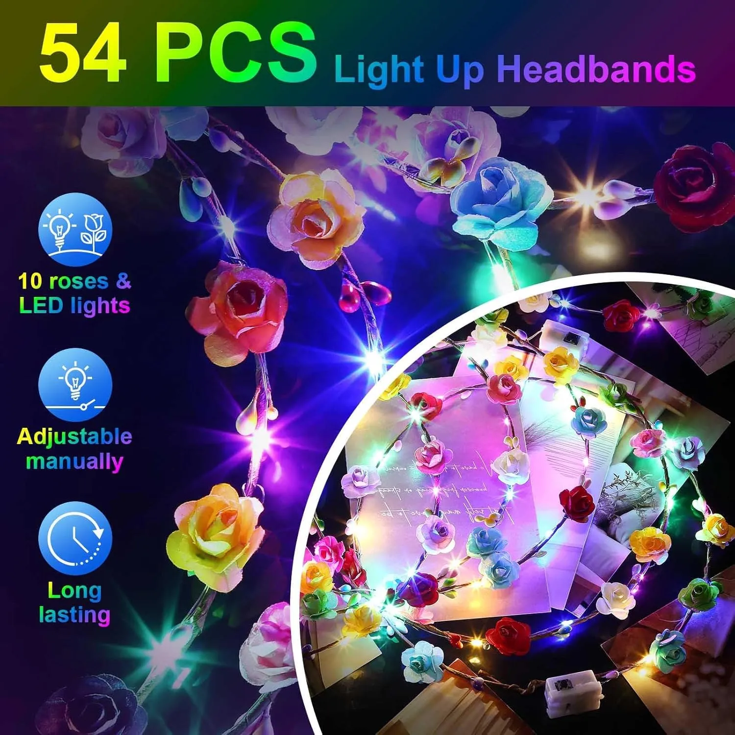 54 PCS LED Flower Crowns Headbands, Light Up Flower Crowns For Women, Glow in the Dark Headband for Wedding Reception Birthday Christmas Mardi Gras Cosplay Princess Party Favors
