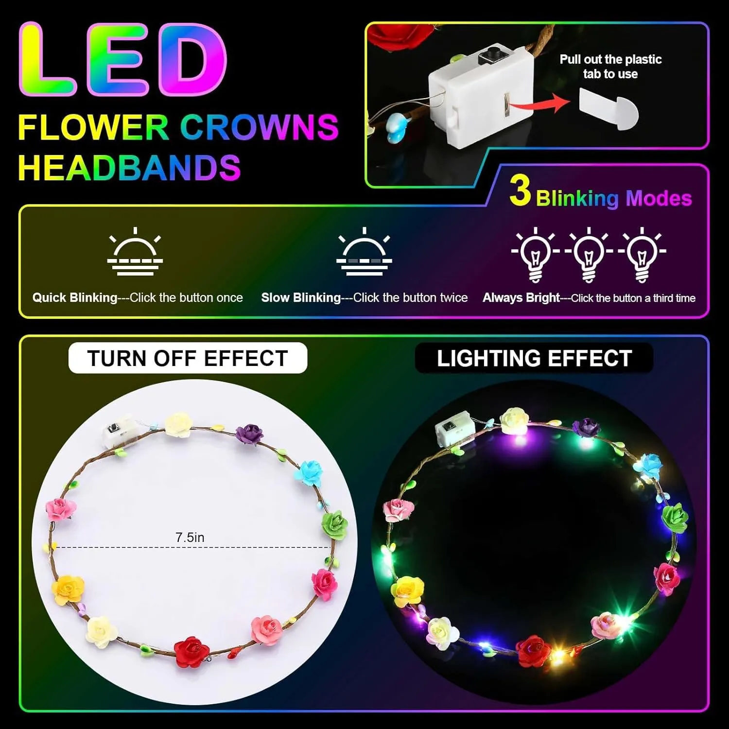 54 PCS LED Flower Crowns Headbands, Light Up Flower Crowns For Women, Glow in the Dark Headband for Wedding Reception Birthday Christmas Mardi Gras Cosplay Princess Party Favors