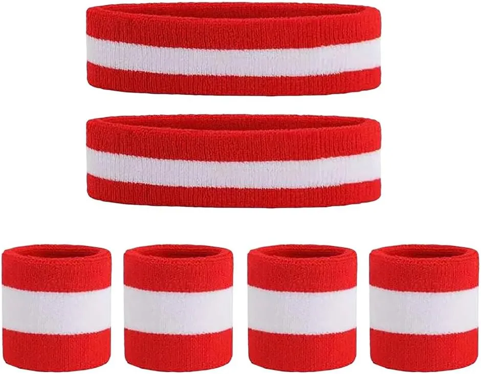 6 Pieces Sweatbands Set Sports Headband and Wristband Set Breathable Terry Cloth Athletic Bands Wrist Head Sweat Bands for Men Women Red White