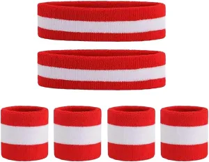 6 Pieces Sweatbands Set Sports Headband and Wristband Set Breathable Terry Cloth Athletic Bands Wrist Head Sweat Bands for Men Women Red White