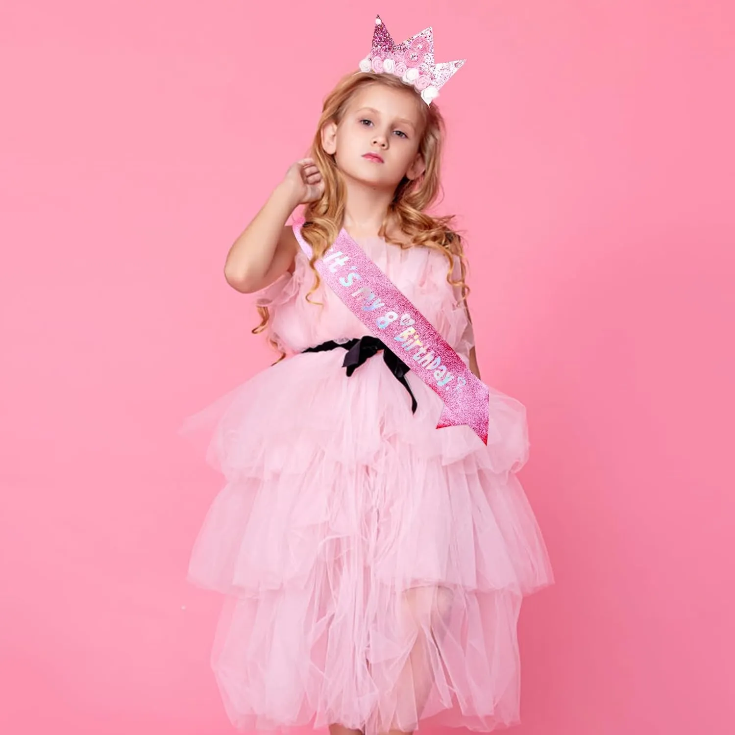 8th Birthday Decorations for Girls, Birthday Girl Headband & Glitter Sash Set for 8 Year Old Girl Birthday Decorations, Birthday Flower Princess Crown Headband for Happy 8th Birthday Girl Outfit