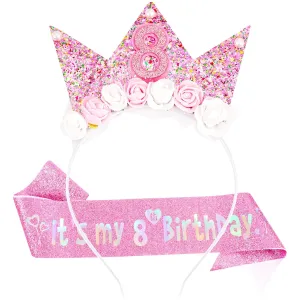 8th Birthday Decorations for Girls, Birthday Girl Headband & Glitter Sash Set for 8 Year Old Girl Birthday Decorations, Birthday Flower Princess Crown Headband for Happy 8th Birthday Girl Outfit