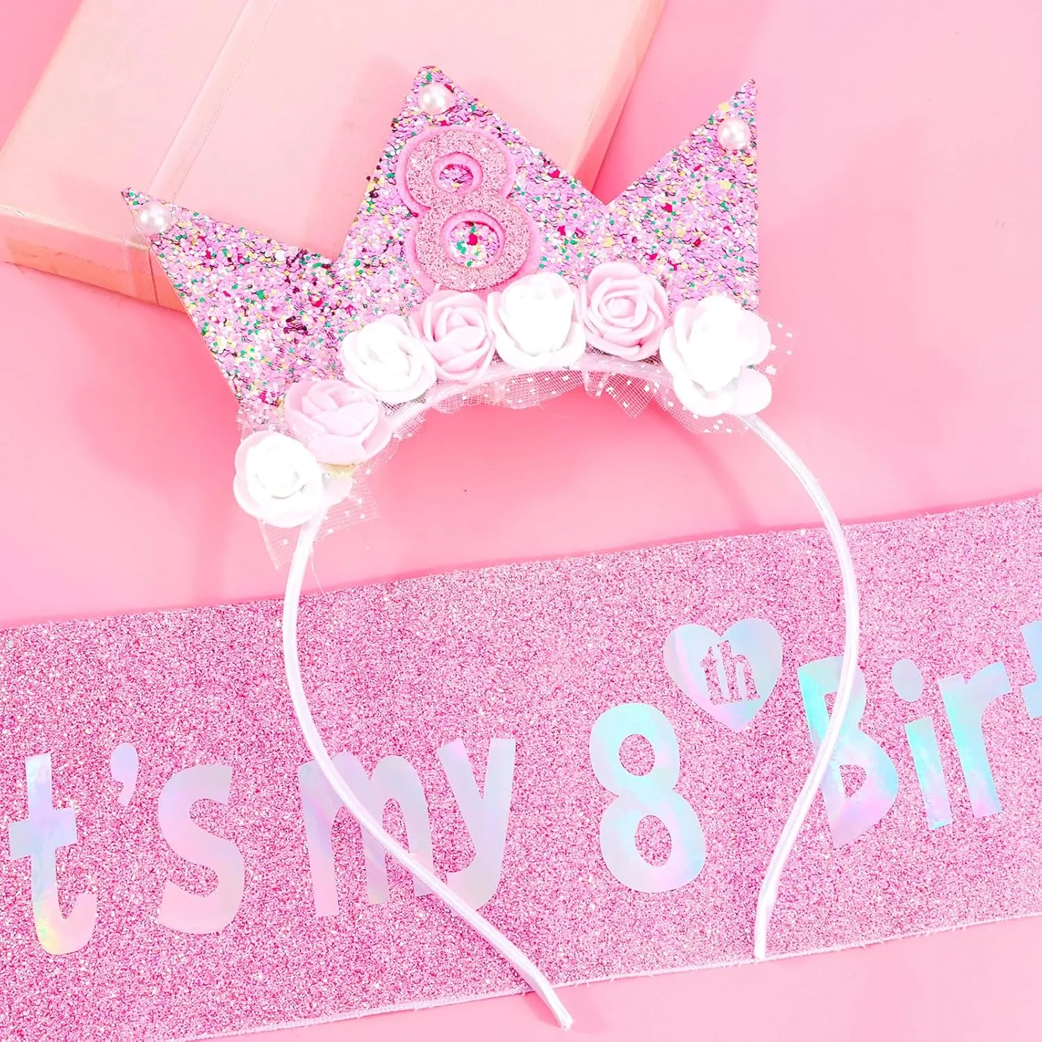 8th Birthday Decorations for Girls, Birthday Girl Headband & Glitter Sash Set for 8 Year Old Girl Birthday Decorations, Birthday Flower Princess Crown Headband for Happy 8th Birthday Girl Outfit