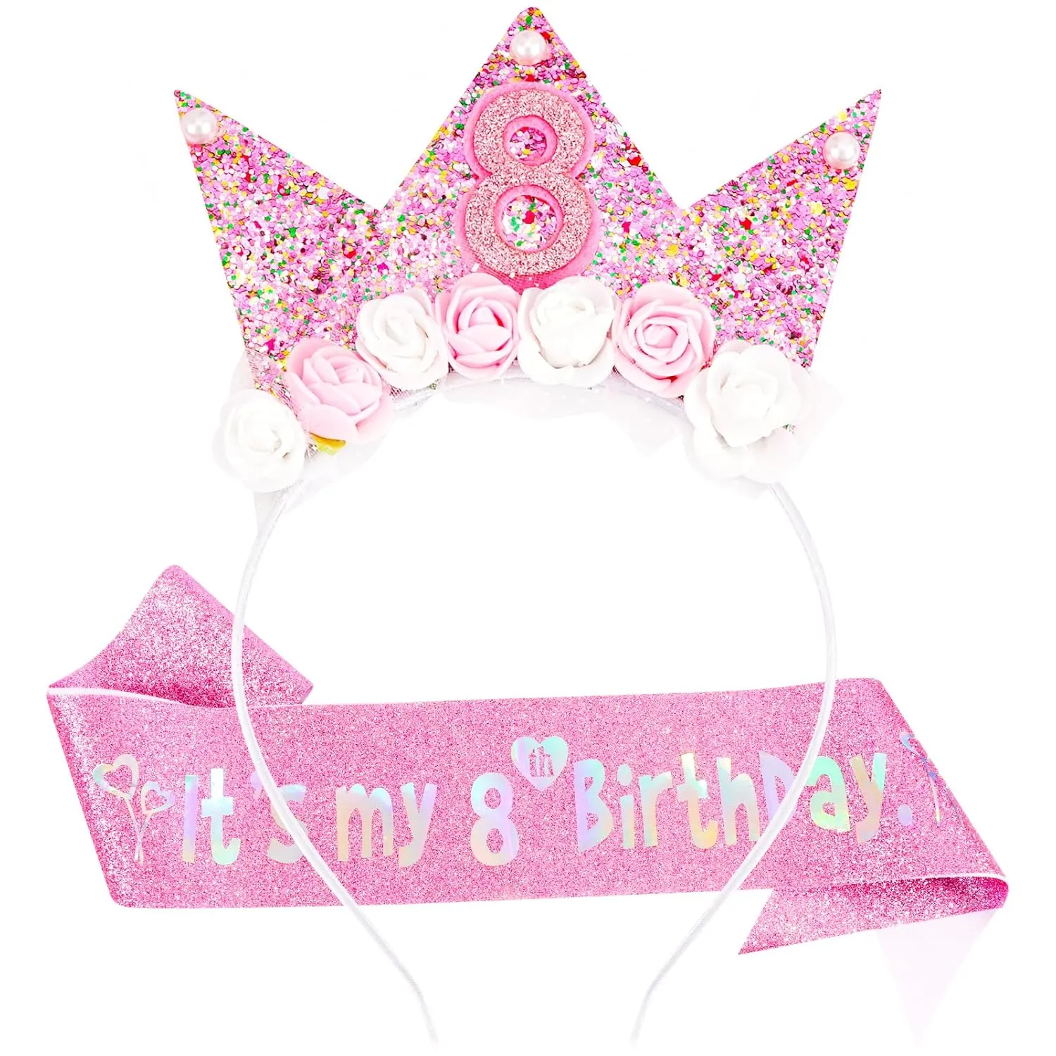 8th Birthday Decorations for Girls, Birthday Girl Headband & Glitter Sash Set for 8 Year Old Girl Birthday Decorations, Birthday Flower Princess Crown Headband for Happy 8th Birthday Girl Outfit