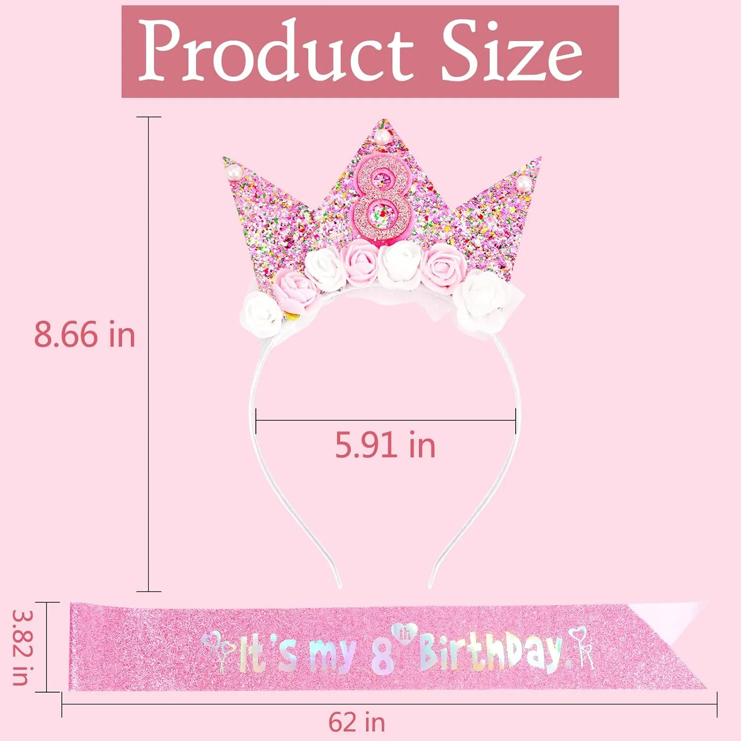 8th Birthday Decorations for Girls, Birthday Girl Headband & Glitter Sash Set for 8 Year Old Girl Birthday Decorations, Birthday Flower Princess Crown Headband for Happy 8th Birthday Girl Outfit