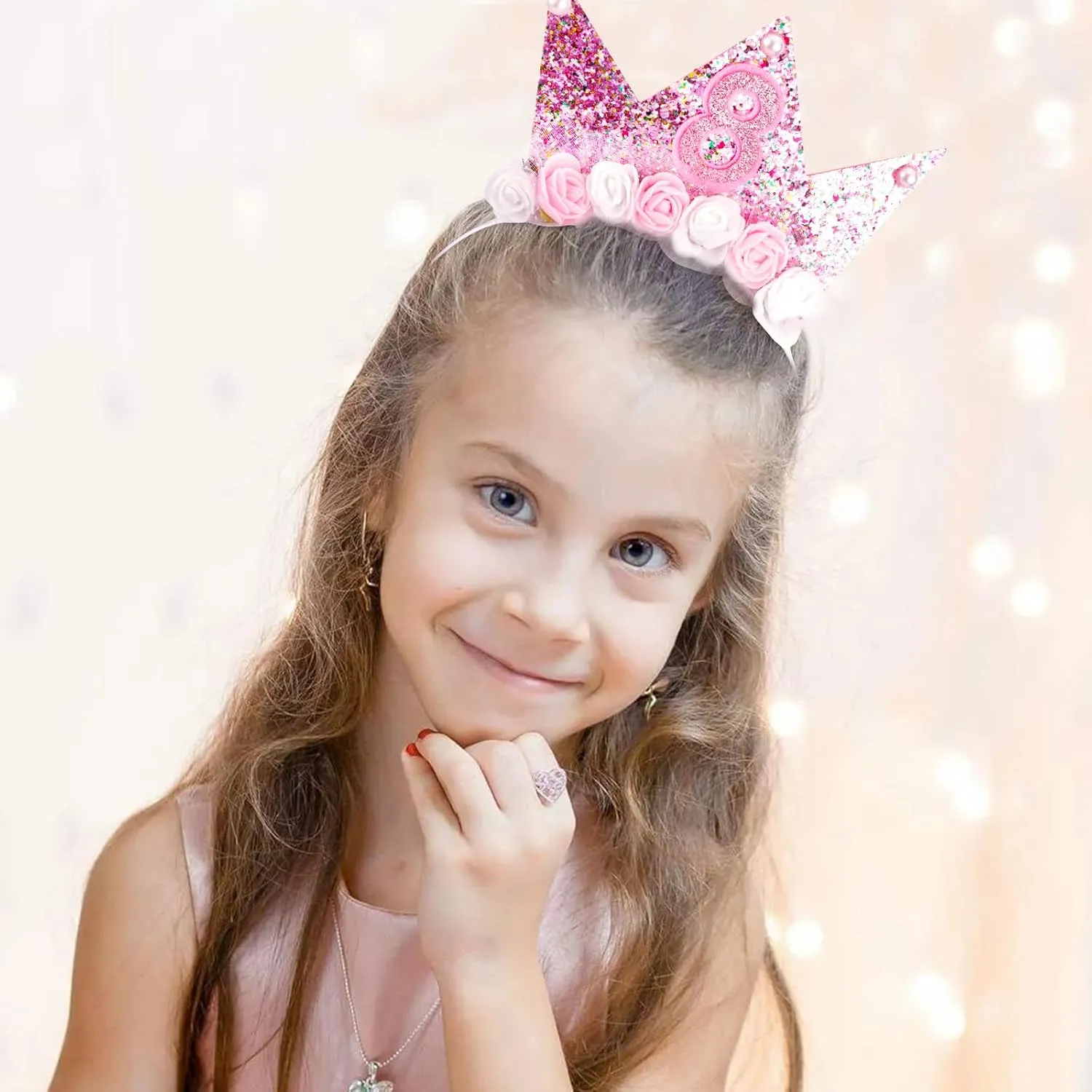 8th Birthday Decorations for Girls, Birthday Girl Headband & Glitter Sash Set for 8 Year Old Girl Birthday Decorations, Birthday Flower Princess Crown Headband for Happy 8th Birthday Girl Outfit