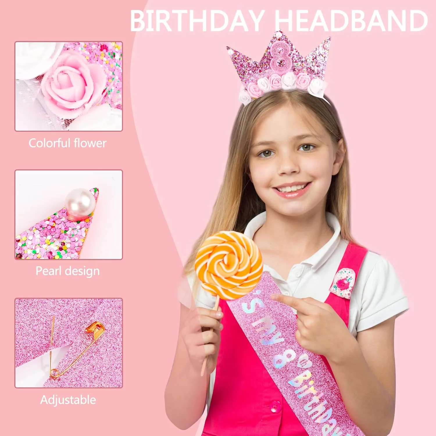 8th Birthday Decorations for Girls, Birthday Girl Headband & Glitter Sash Set for 8 Year Old Girl Birthday Decorations, Birthday Flower Princess Crown Headband for Happy 8th Birthday Girl Outfit