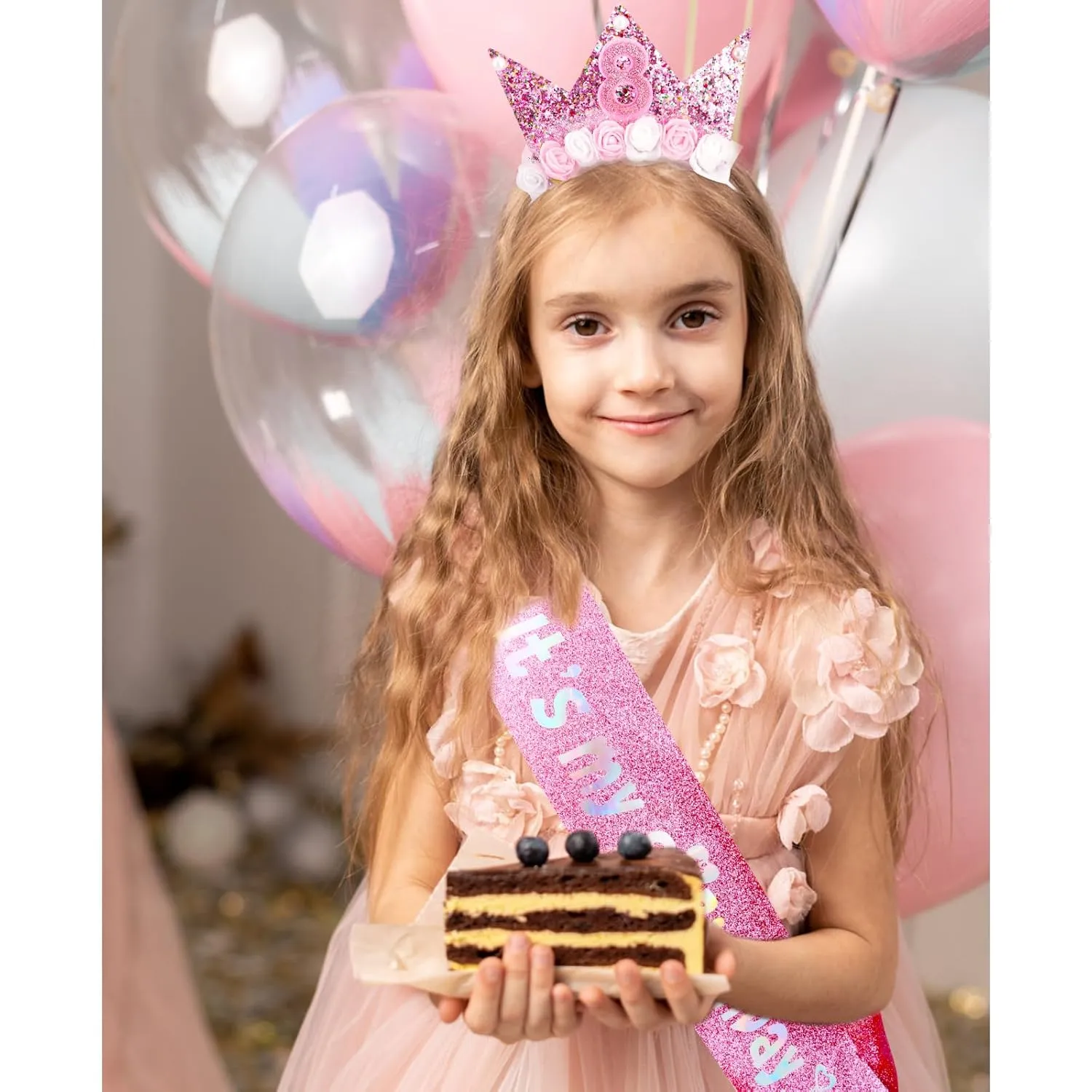 8th Birthday Decorations for Girls, Birthday Girl Headband & Glitter Sash Set for 8 Year Old Girl Birthday Decorations, Birthday Flower Princess Crown Headband for Happy 8th Birthday Girl Outfit
