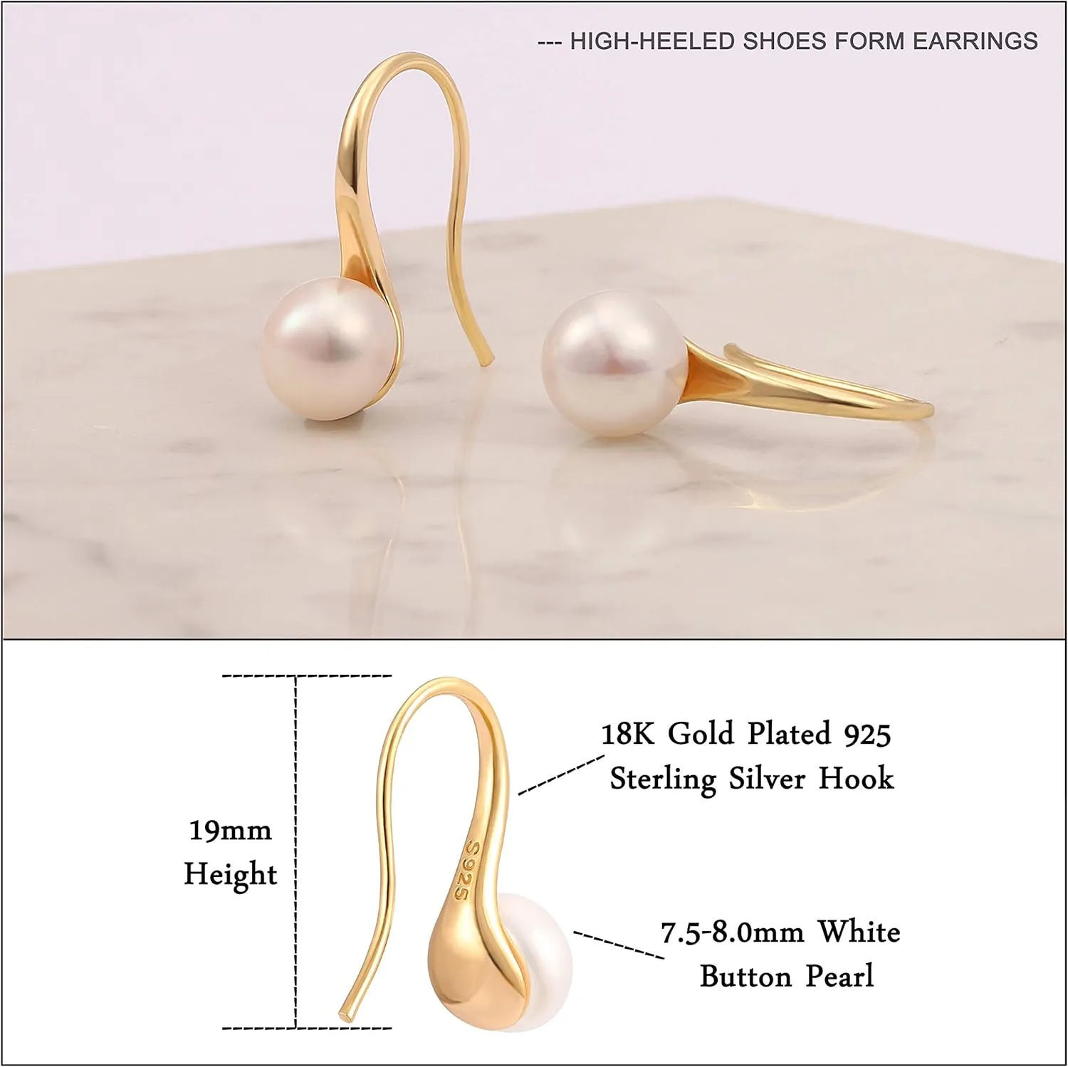 925 Sterling Silver Hoop Handpicked AAA  Quality 7.5-8mm White Freshwater Cultured Pearl Dangle Drop Earrings Jewelry for Women