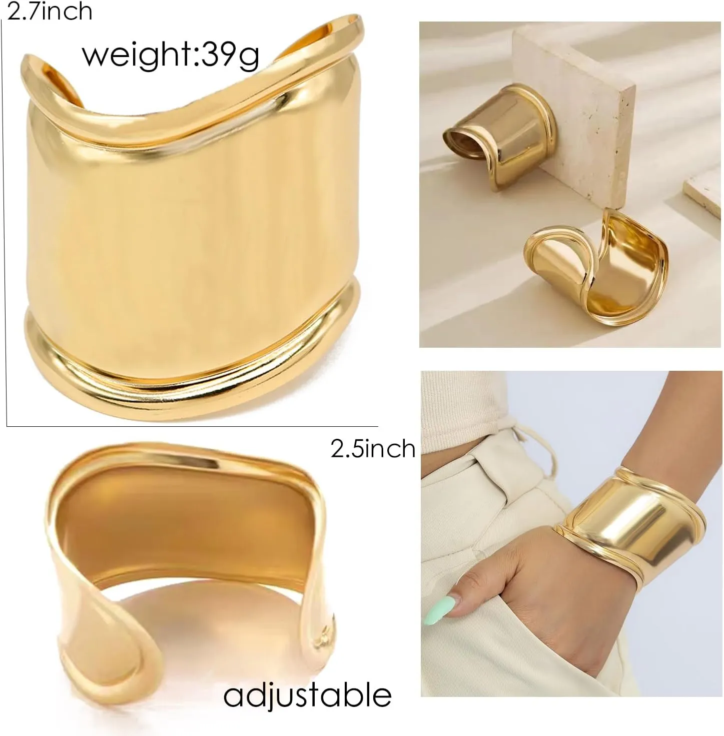 ABJFJE Fashion Exaggerated Wide Grooved Brushed Cuff Hinged Bangle Bracelets Smooth Punk Statement Gold Bangles Bracelet for Women Jewelry Gift Gold