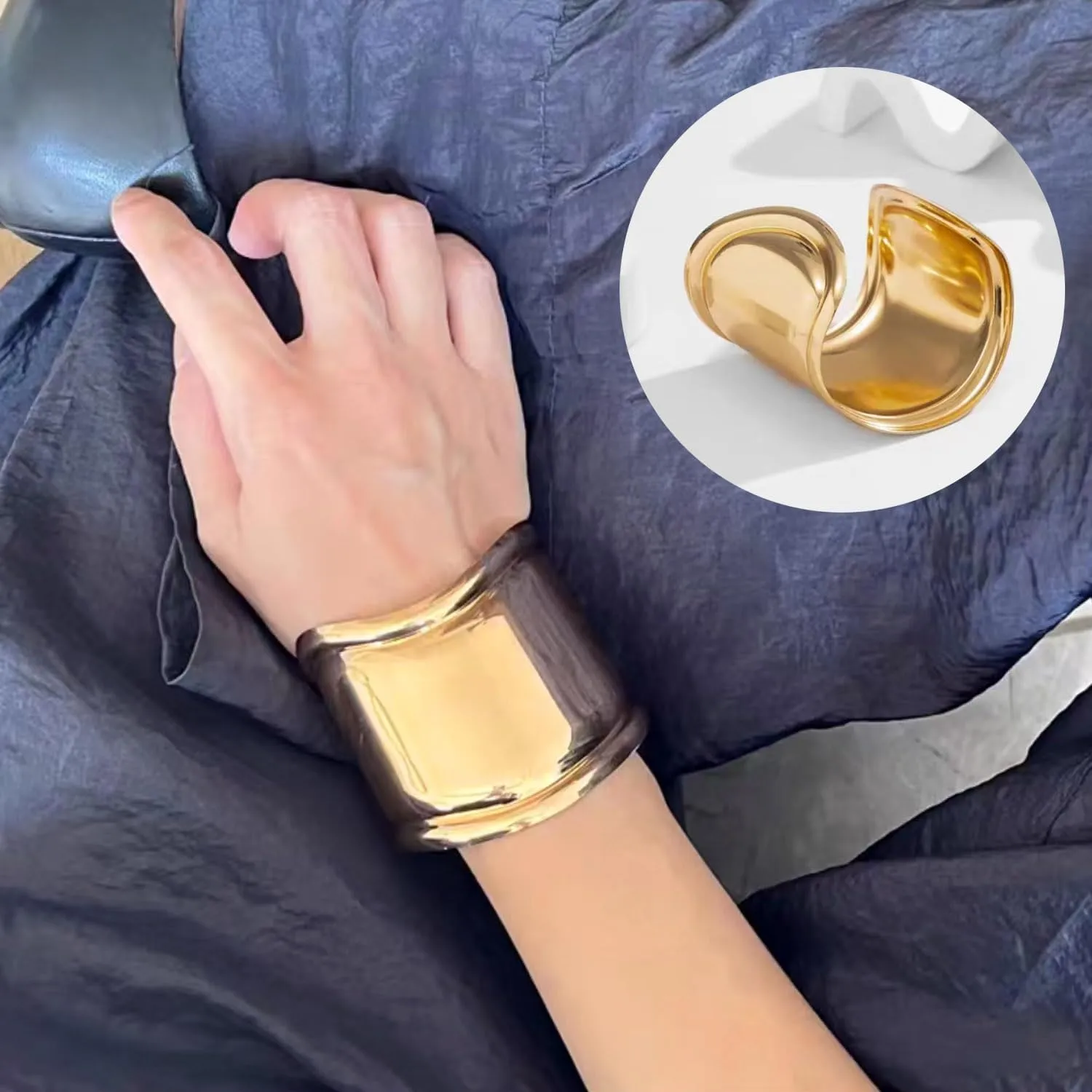 ABJFJE Fashion Exaggerated Wide Grooved Brushed Cuff Hinged Bangle Bracelets Smooth Punk Statement Gold Bangles Bracelet for Women Jewelry Gift Gold