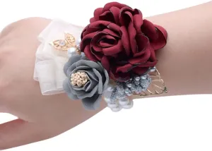 Asphire Handmade Wedding Wrist Corsage with Pearl Elastic Bracelet Camellia Wrist Flower Vintage Wedding Hand Decor for Bridesmaid Flower Girls Bridal Shower Accessories (Burgundy)