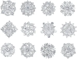 Assorted Small Size Crystal Rhinestone Flower Brooch Pins Set for Crafts Embellishment, Wedding Bouquet Brooches for Women Fashion