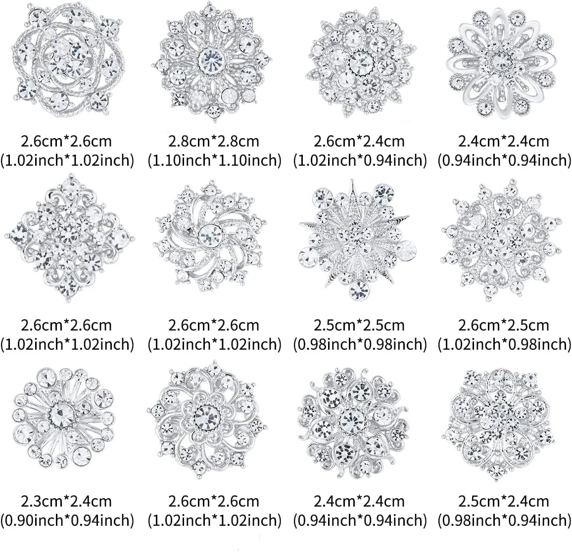 Assorted Small Size Crystal Rhinestone Flower Brooch Pins Set for Crafts Embellishment, Wedding Bouquet Brooches for Women Fashion