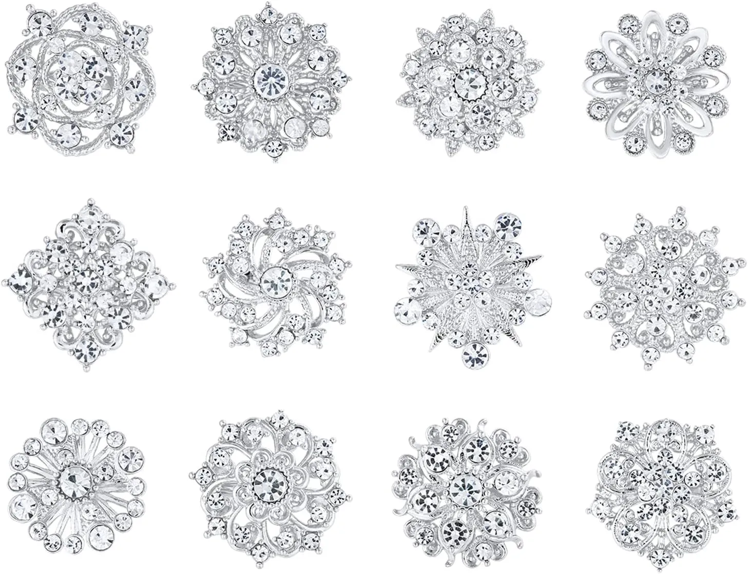 Assorted Small Size Crystal Rhinestone Flower Brooch Pins Set for Crafts Embellishment, Wedding Bouquet Brooches for Women Fashion
