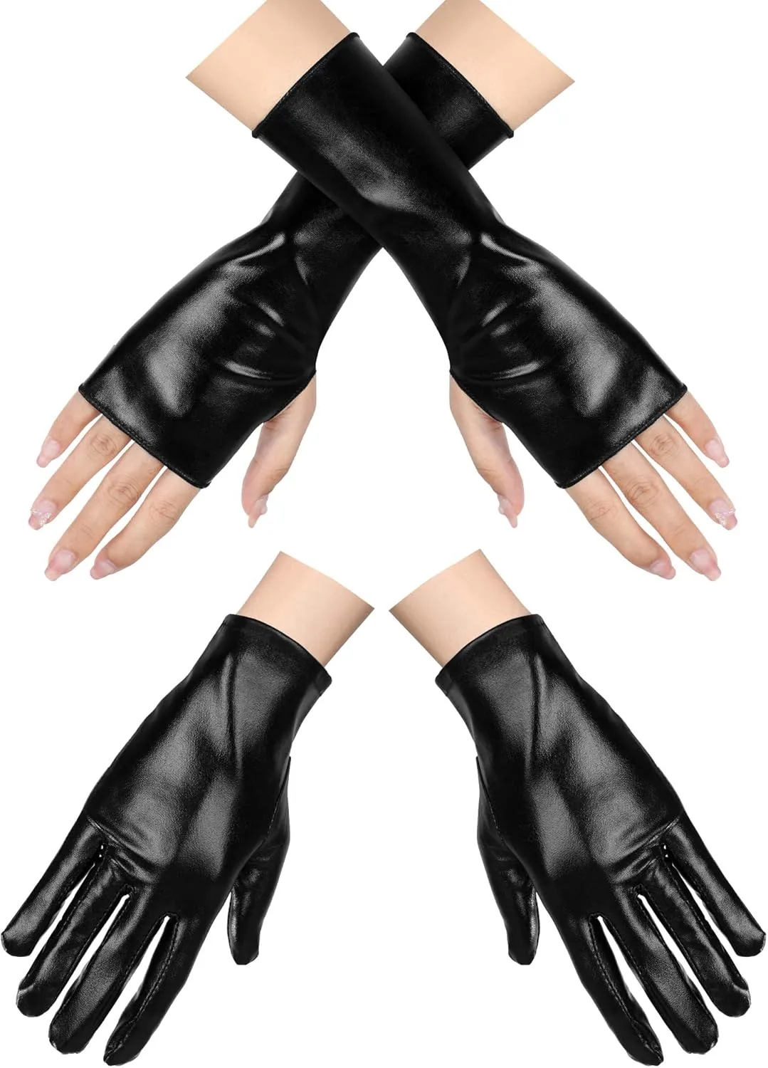Bencailor 2 Pairs PU Leather Dress up Fingerless Gloves Full Finger Leather Glove Short Cosplay Glove for Women Men Halloween