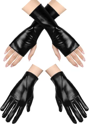 Bencailor 2 Pairs PU Leather Dress up Fingerless Gloves Full Finger Leather Glove Short Cosplay Glove for Women Men Halloween