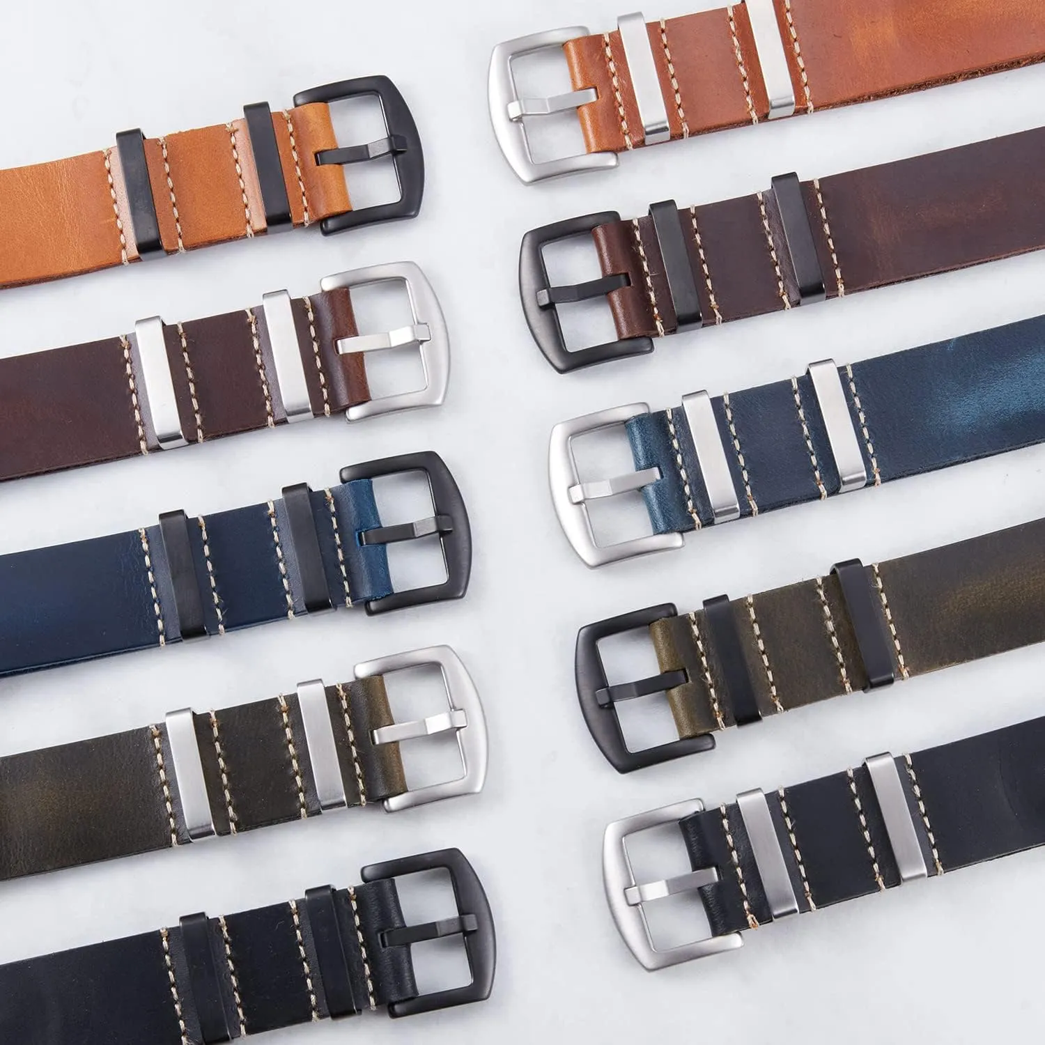 BINLUN Leather Watch Band Crazy Horse Oiled Leather Watch Straps 18mm 19mm 20mm 21mm 22mm 24mm Replacement One-Piece Watchbands for Men and Women Silver & Black Buckle