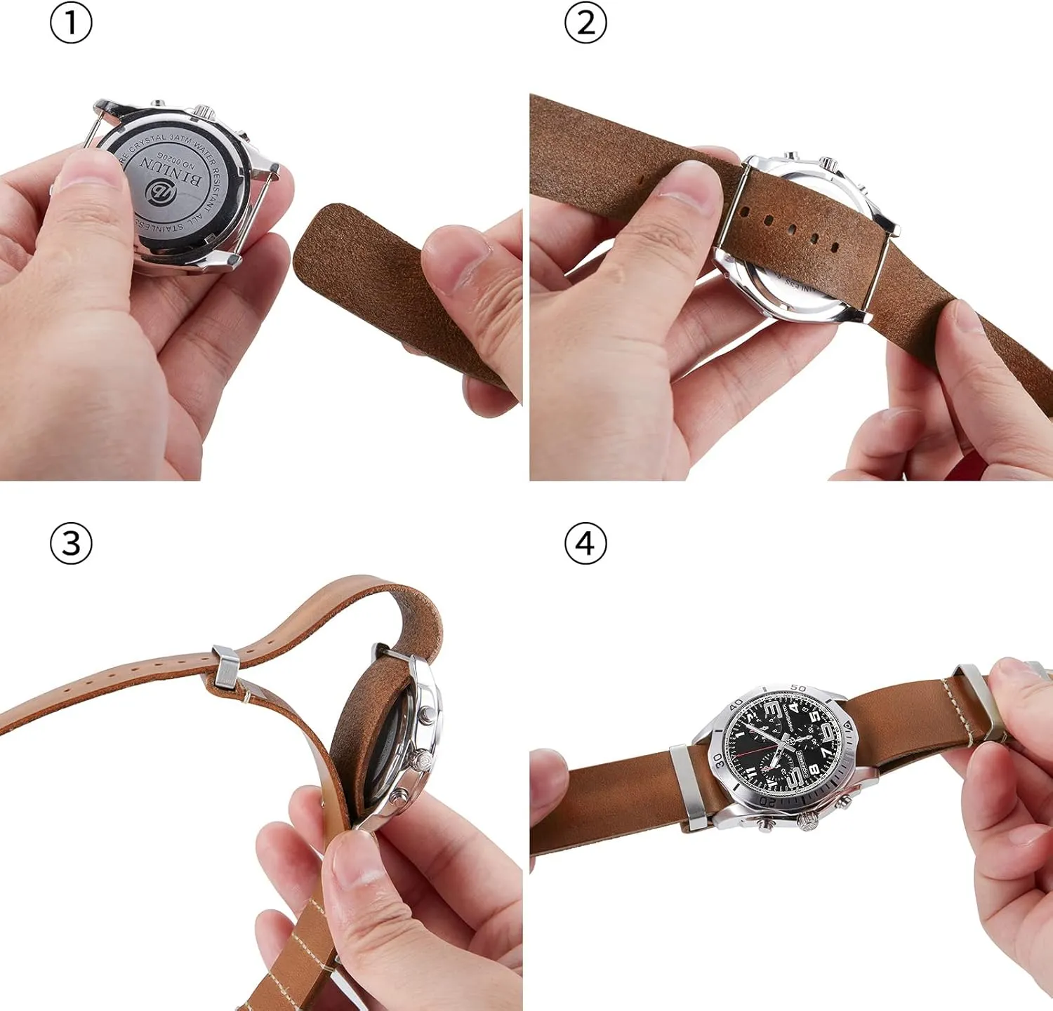 BINLUN Leather Watch Band Crazy Horse Oiled Leather Watch Straps 18mm 19mm 20mm 21mm 22mm 24mm Replacement One-Piece Watchbands for Men and Women Silver & Black Buckle