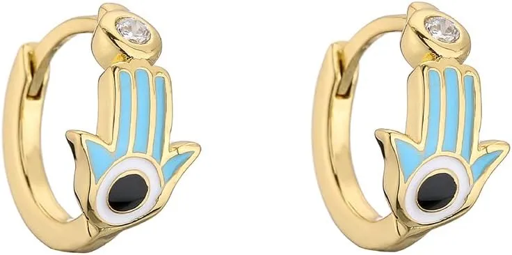 Blue Evil Eye Small Hoop Earring Protection Hamsa Hand of Fatima Cubic Zirconia Tiny Cuff Sleeper Mini Huggie Lucky Crystal Jewelry Gift for Women Birthday Bff Xmas